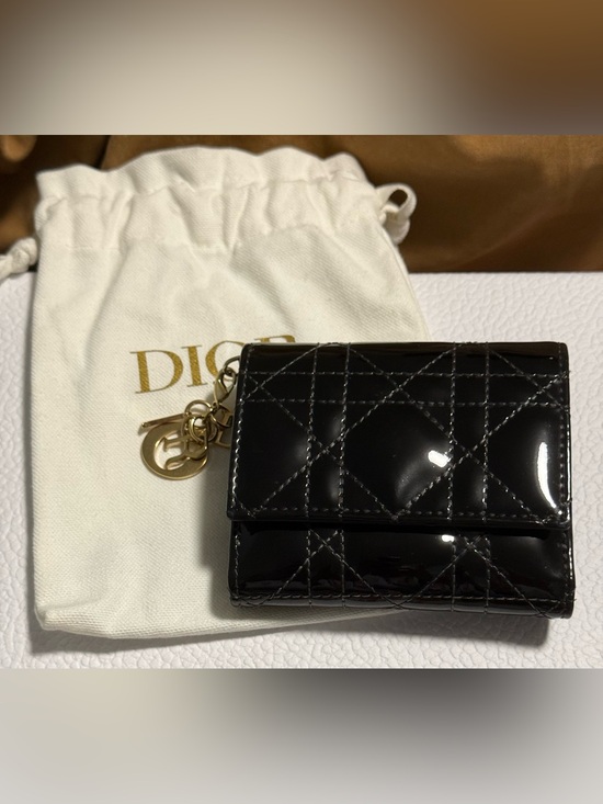 Dior Handbags - Dior Black Patent Quilted Trifold Wallet Gold tone Dior Charms! In Dustbag & COA